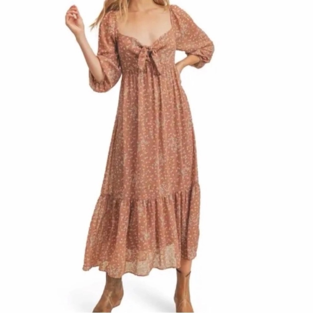 Lush Rust Floral Tie-Front Maxi Dress with Puff Sleeves